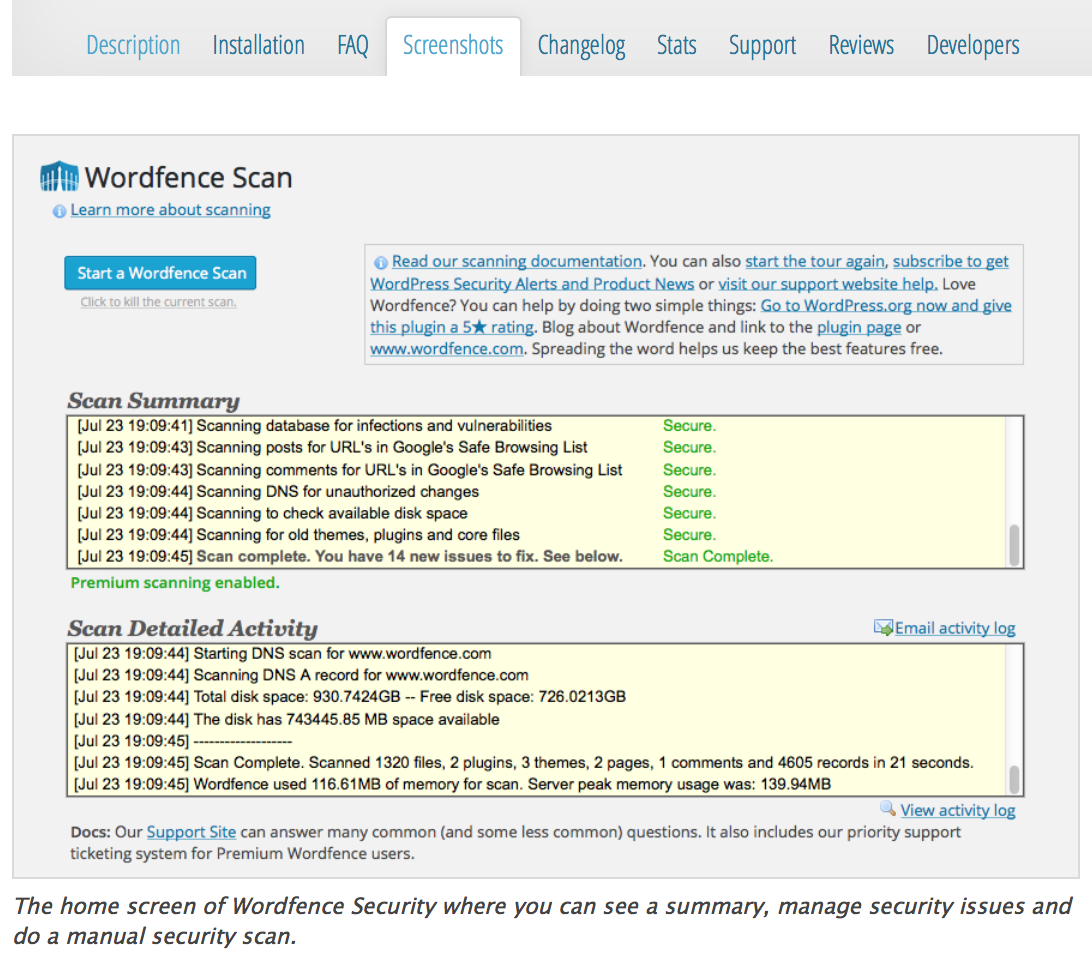 Activity detail. Wordfence. Secure Plugins. Wordfence Security. Scanning document.